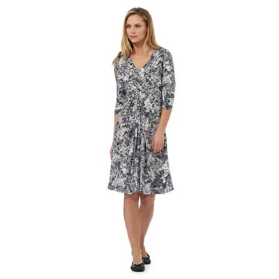 Grey leaf print fit and flare dress